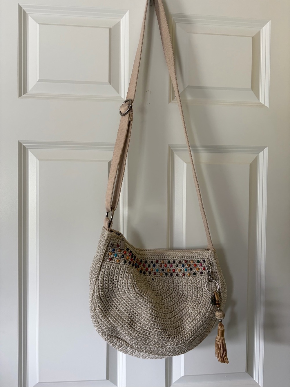 The Sak Beige Crochet Shoulder Bag with Multicolor Bead Accent